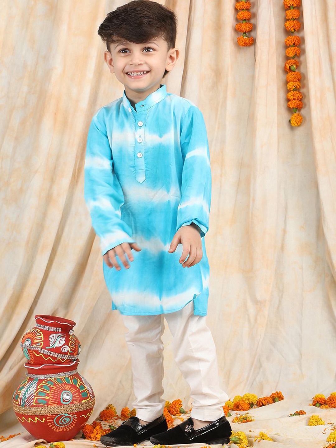 

Polka Tots Boys Dyed Pure Cotton Kurta with Pyjamas, Blue