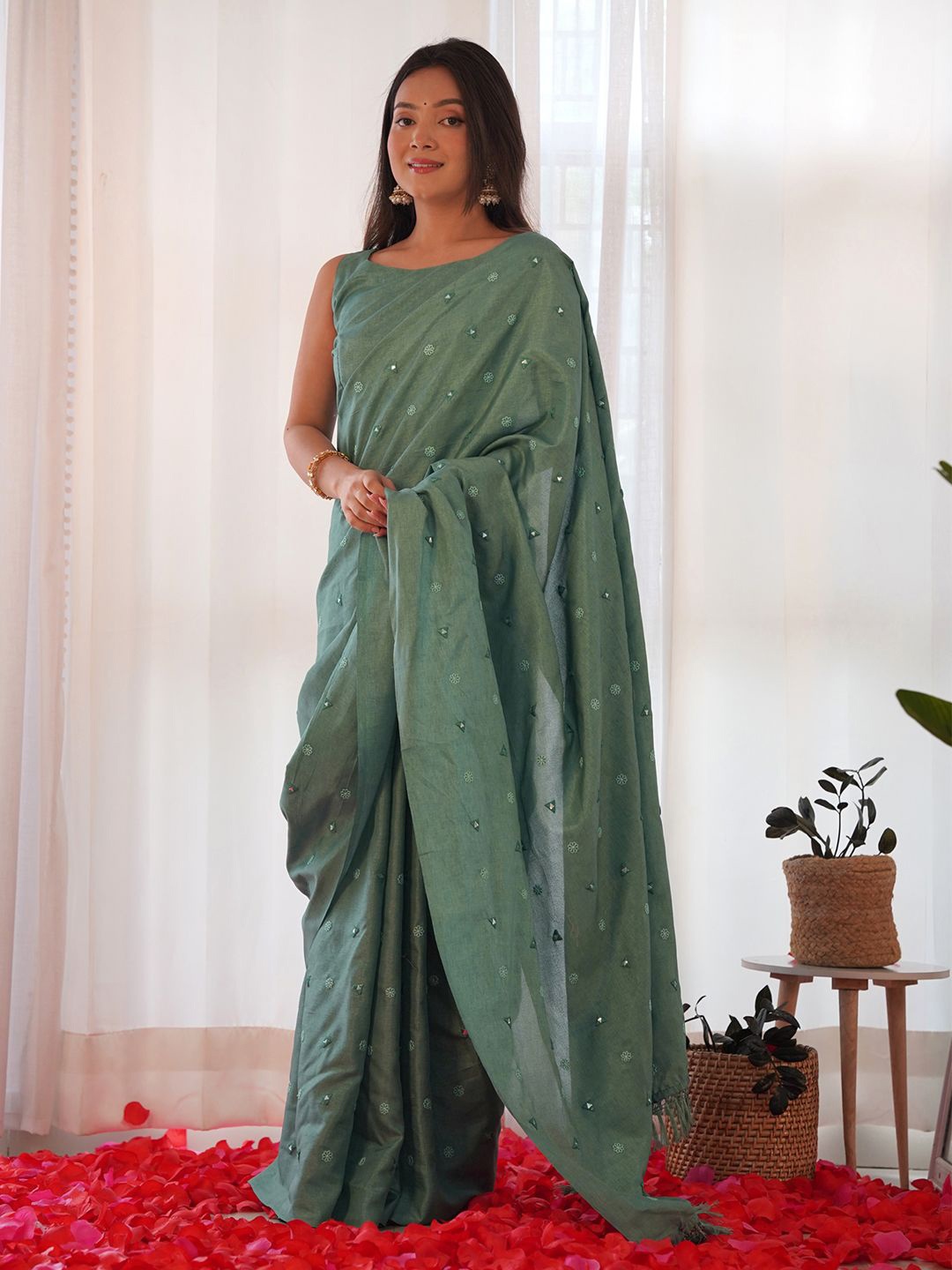 

KALINI Floral Embroidered Mirror Work Saree, Sea green