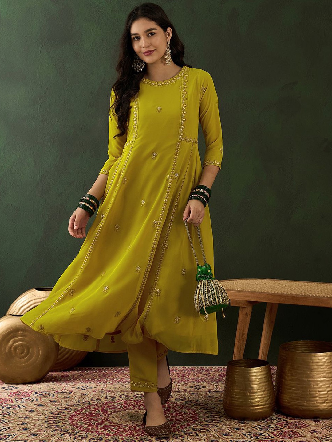 

Sangria Floral Embroidered Beads and Stones Kurta with Trouser, Mustard