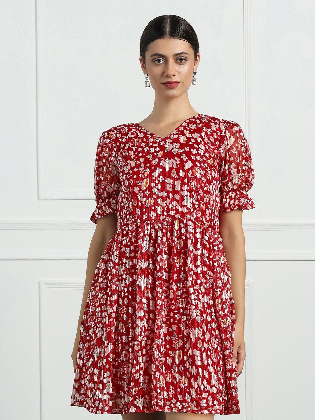 

BAESD Floral Print Puff Sleeve Georgette A-Line Dress, Red