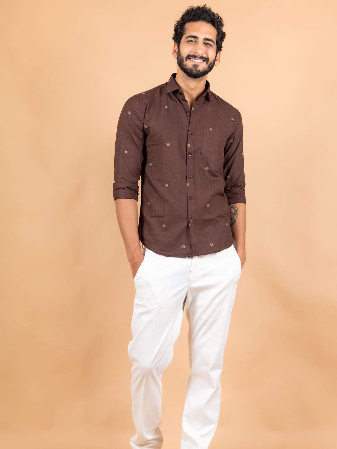 

Tistabene Men Standard Spread Collar Conversational Printed Cotton Casual Shirt, Brown