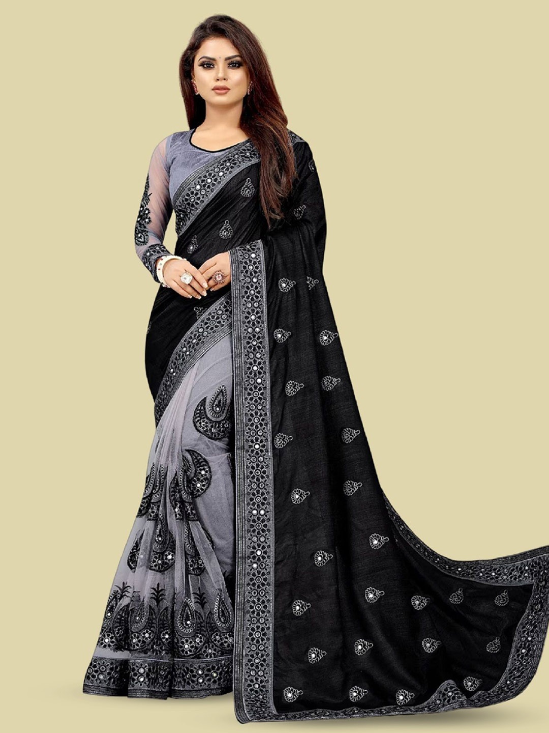 

Aika Ethnic Motifs Embroidered Half and Half Saree, Black