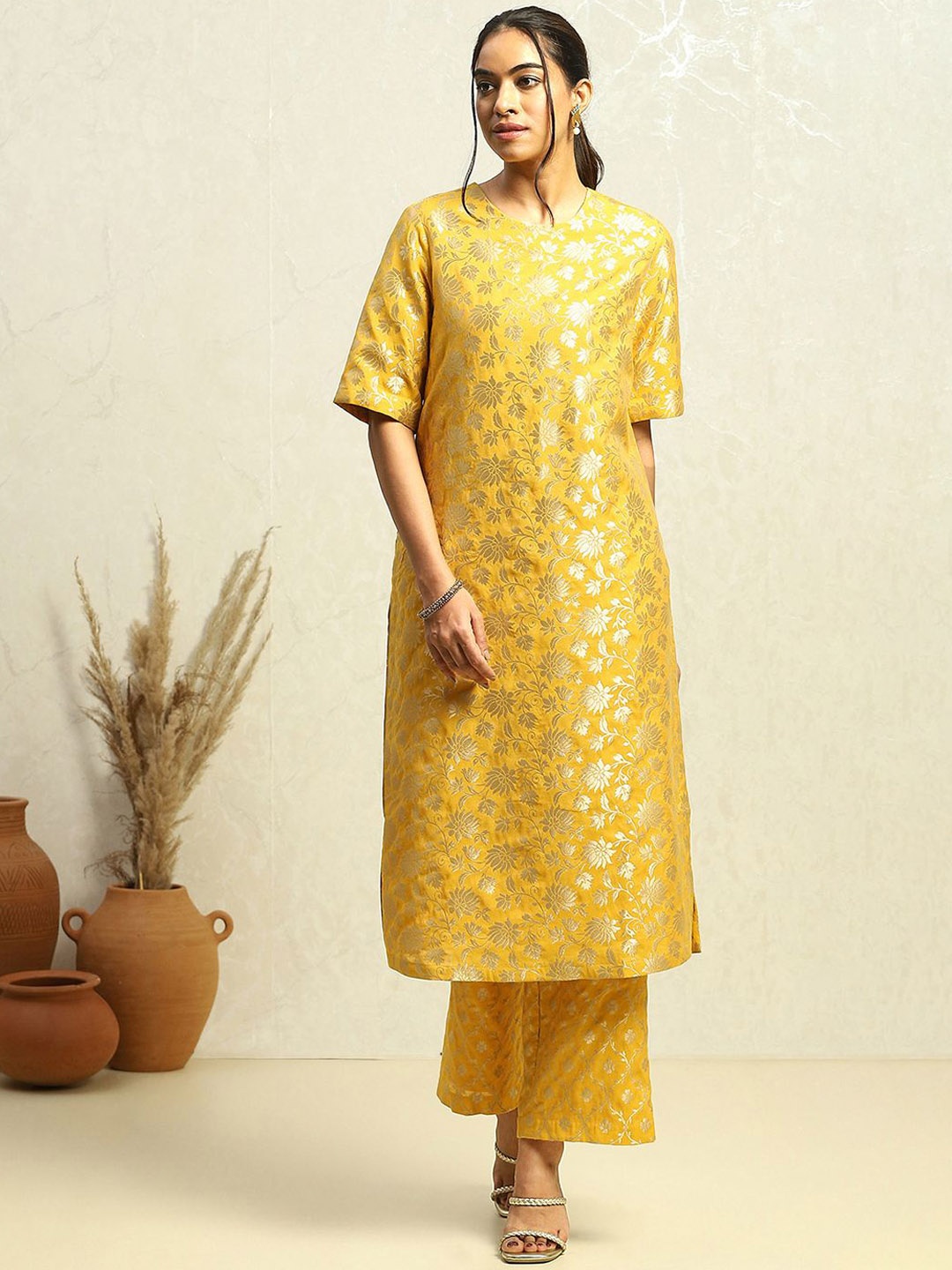 

Biba Floral Woven Design Straight Kurta with Palazzos, Yellow