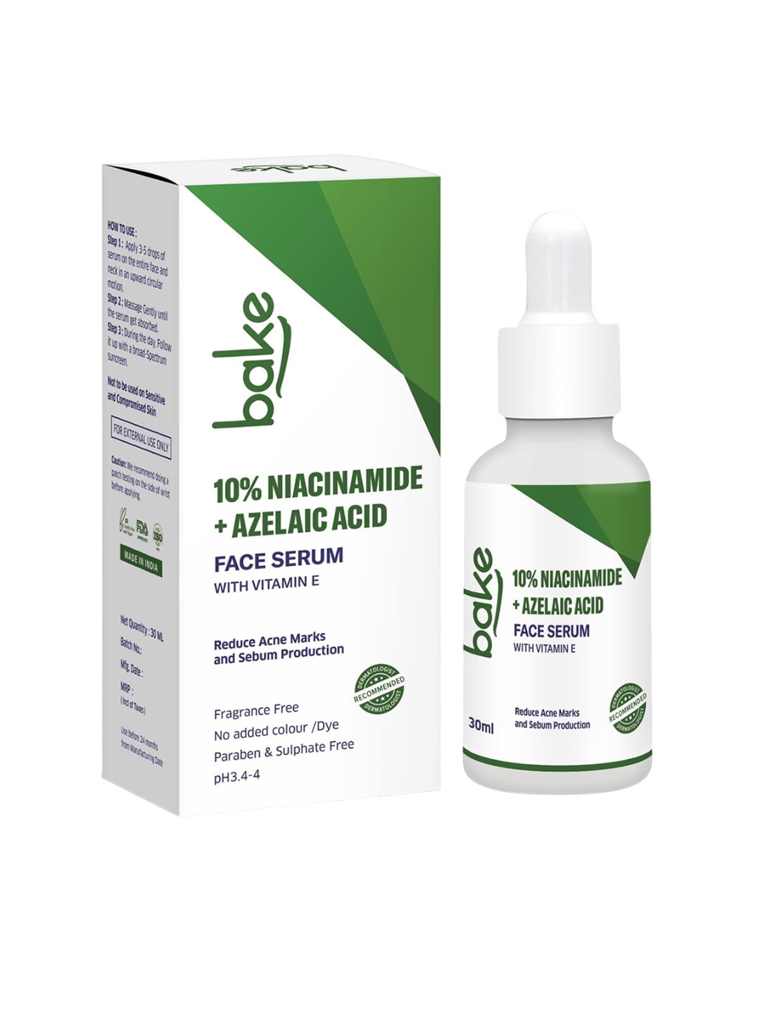 

BAKE 10% Niacinamide & Azelaic Acid Serum For Acne, Acne Scars & Dark Spots- 30 ml, Green