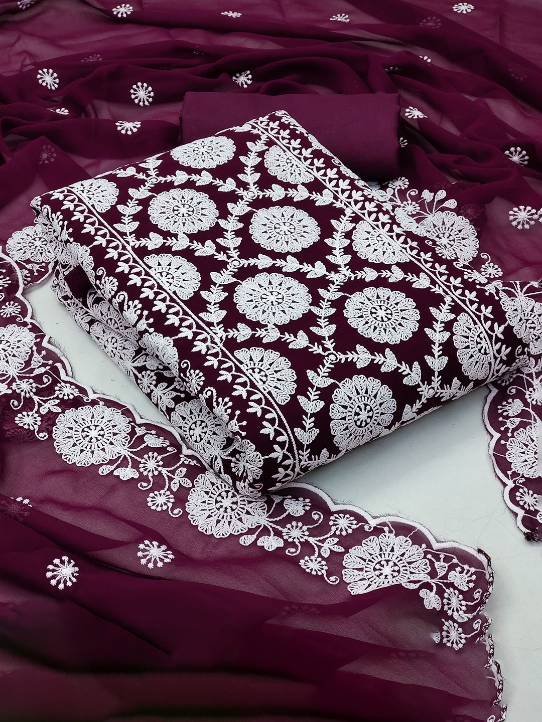 

Ishin Floral Embroidered Silk Georgette Unstitched Dress Material, Magenta
