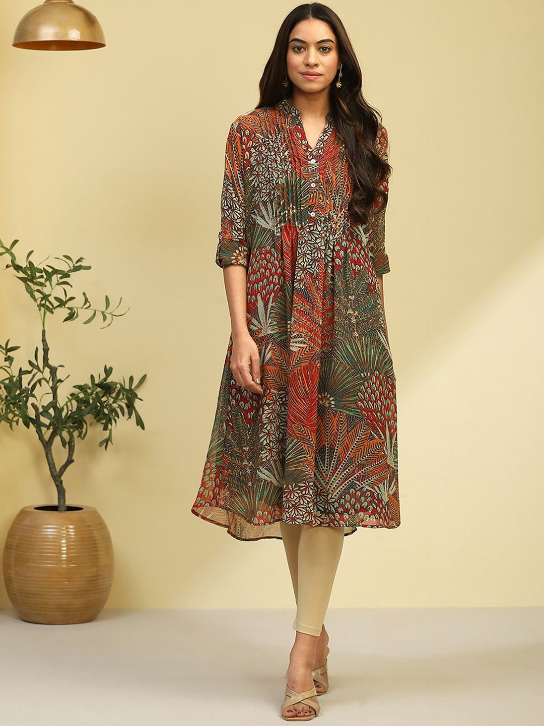 

Biba Floral Printed Mandarin Collar Georgette A-Line Kurta, Orange