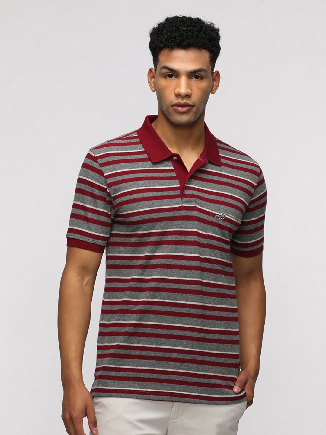 

Crocodile Men Striped Polo Collar Cotton Slim Fit T-Shirt, Maroon