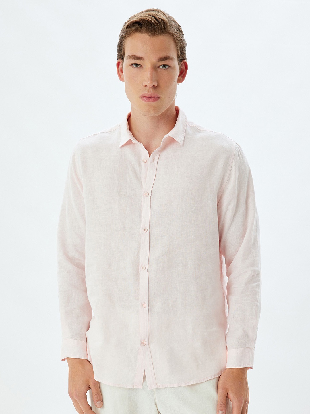 

Koton Men Spread Collar Solid Linen Casual Shirt, Pink