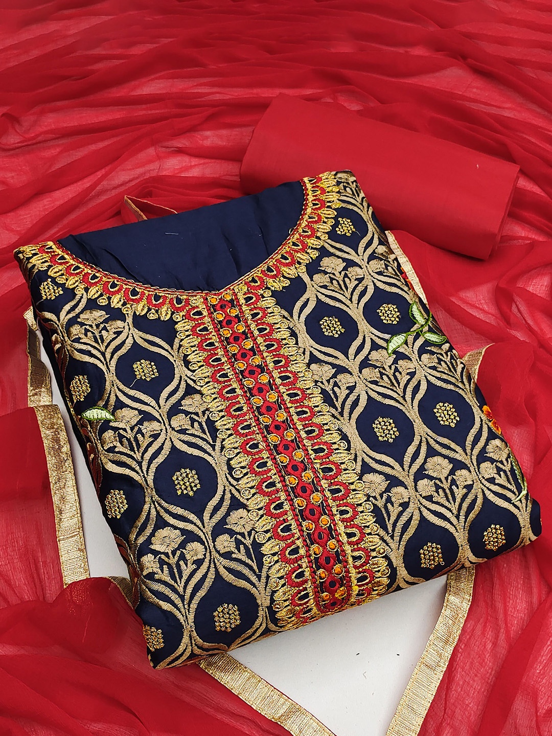 

Ishin Floral Embroidered Zari Unstitched Dress Material, Blue