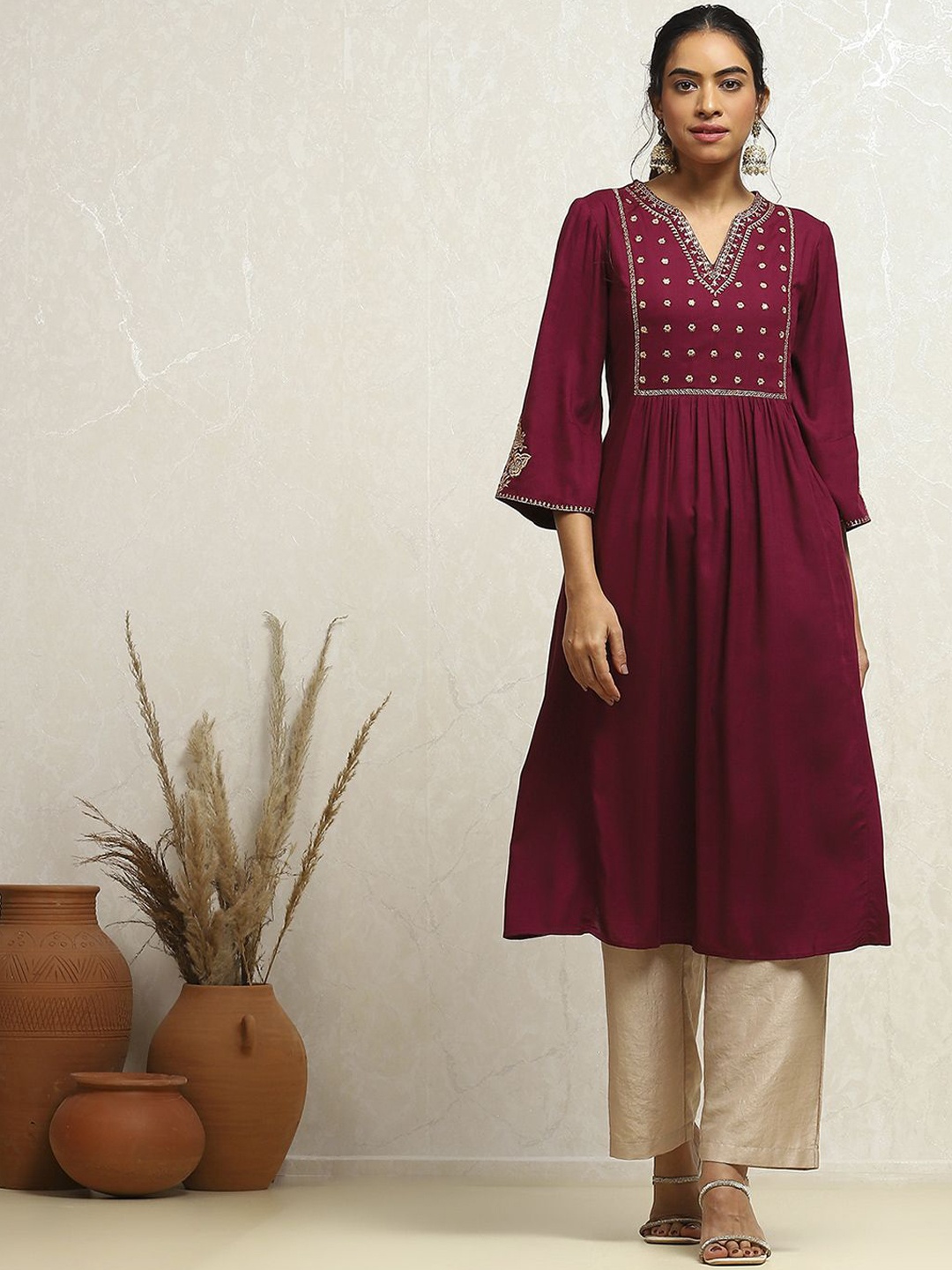 

Biba Floral Embroidered Flared Sleeves A-Line Kurta, Maroon