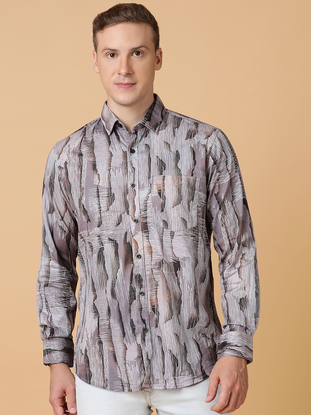 

TABARD Men Spread Collar Abstract Printed Cotton Casual Shirt, Grey