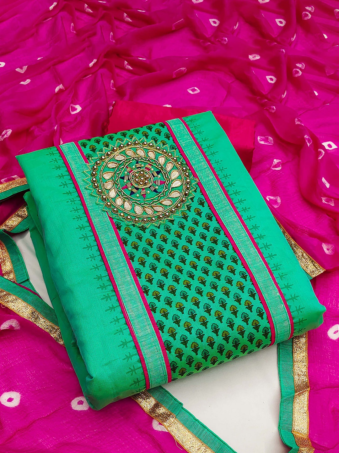 

Ishin Ethnic Motifs Embroidered Beads and Stones Unstitched Dress Material, Green