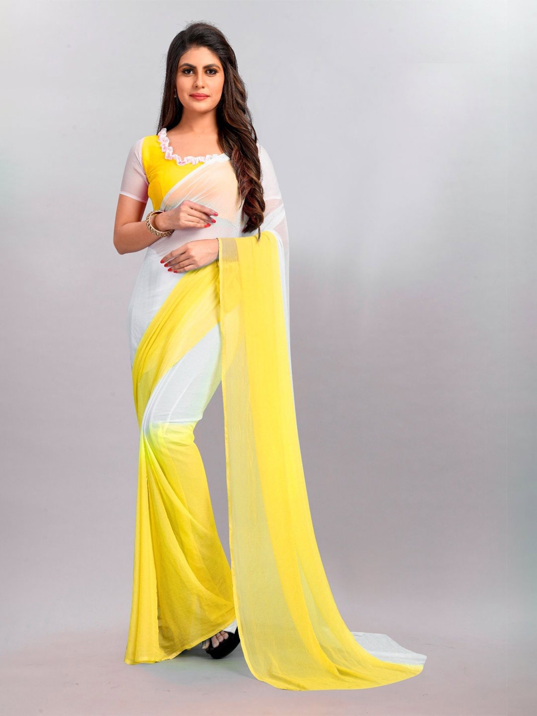 

Aika Women Ombre Printed Pure Chiffon Ready to Wear Saree, Yellow