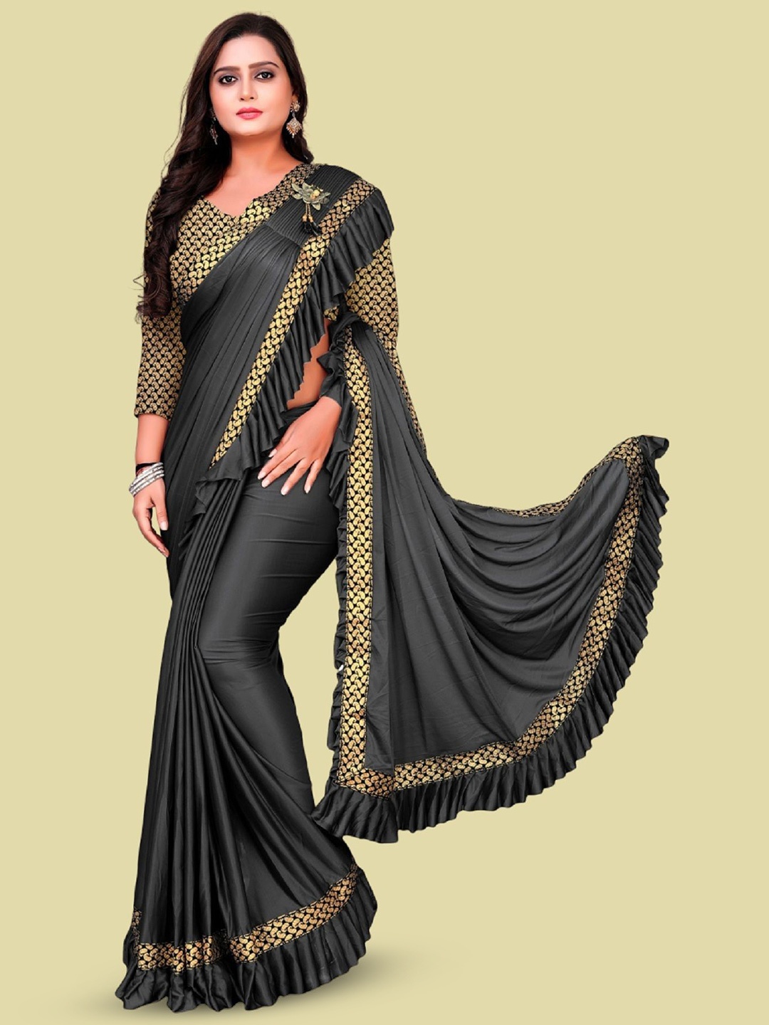 

Aika solid ruffles saree with blouse piece, Grey