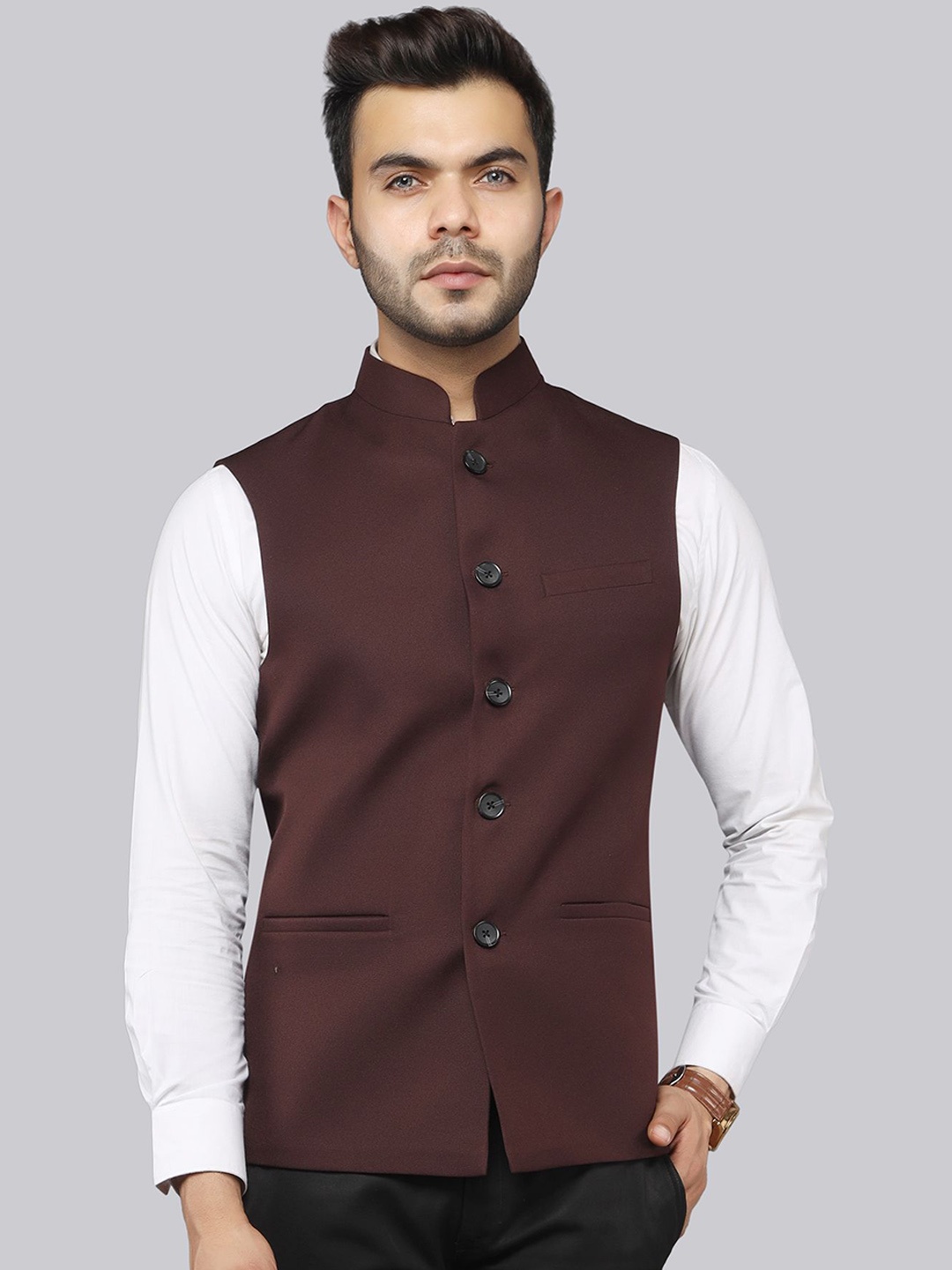 

LA'SCOOT Mandarin Collar Woven Nehru Jacket, Brown