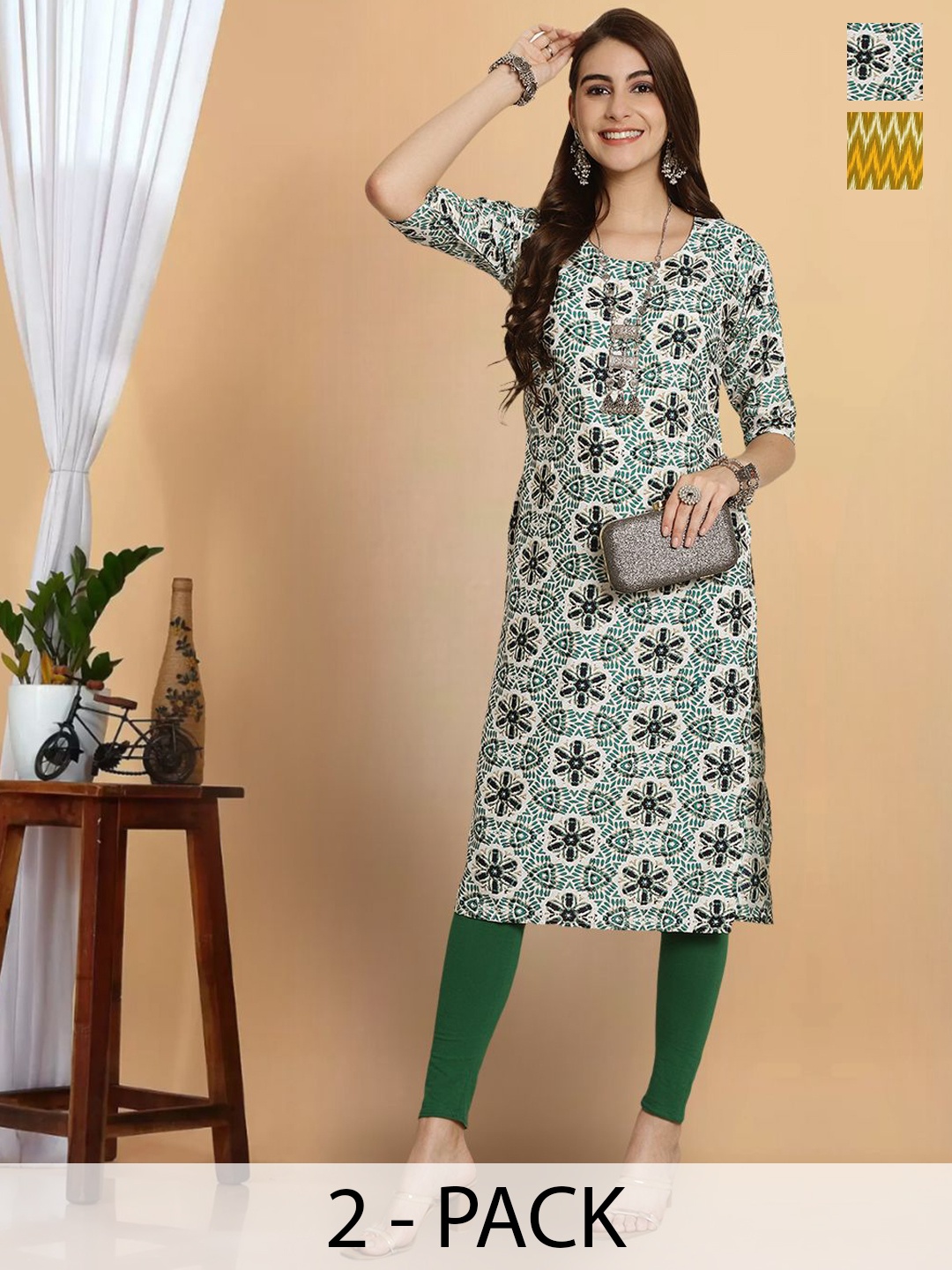 

7Threads Selection Of 2 Floral Printed Round Neck Crepe Straight Kurta, Green