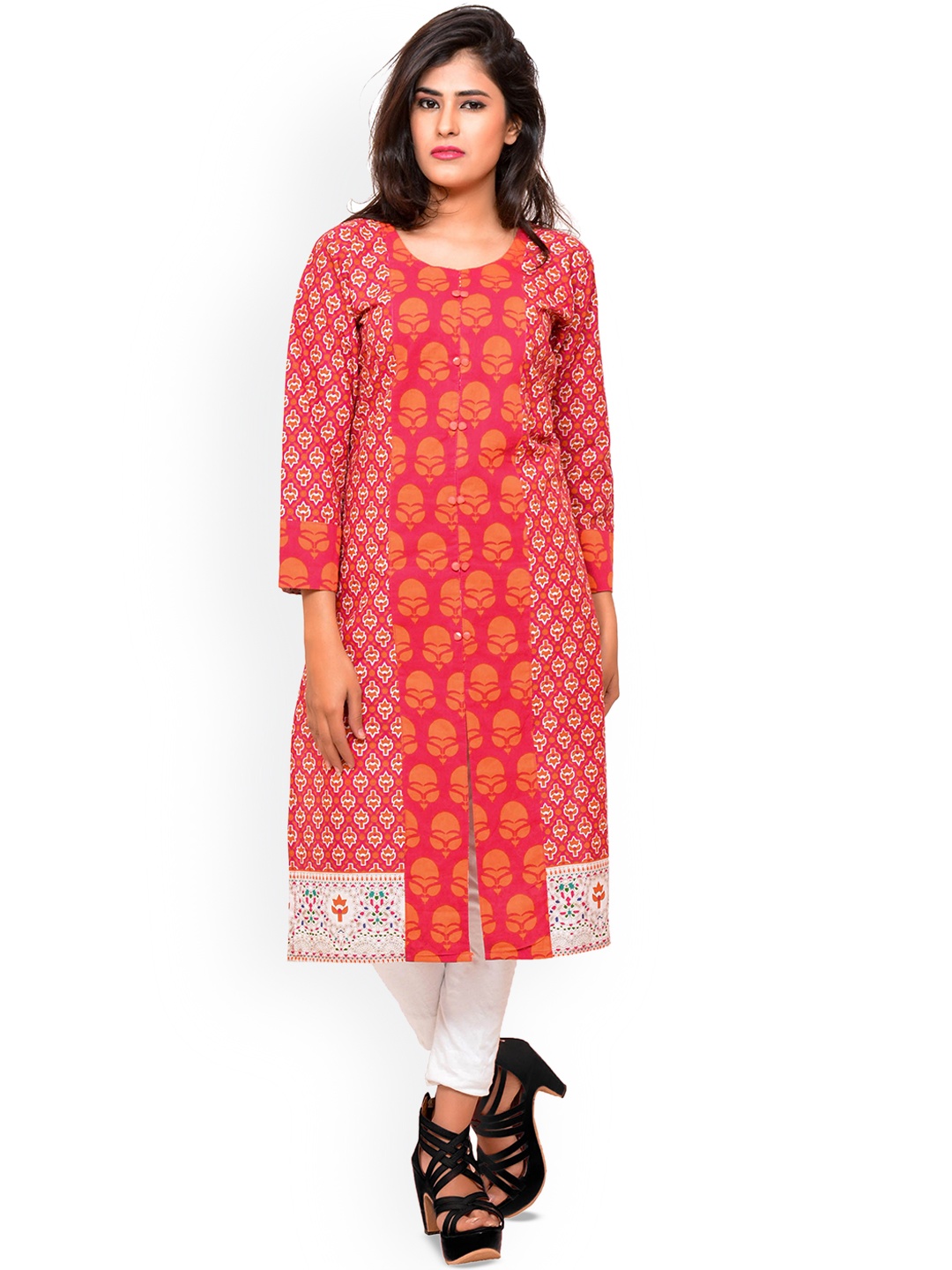 

Resha Ethnic Motifs Printed Round Neck Pure Cotton Straight Kurta, Pink