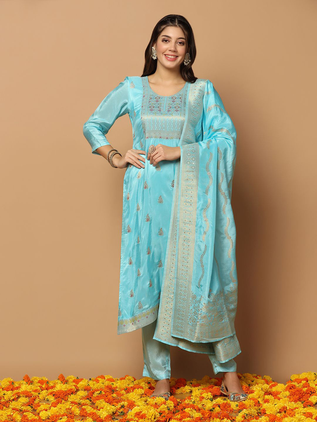 

BAESD Regular Pure Silk Kurta With Trousers & Dupatta, Turquoise blue