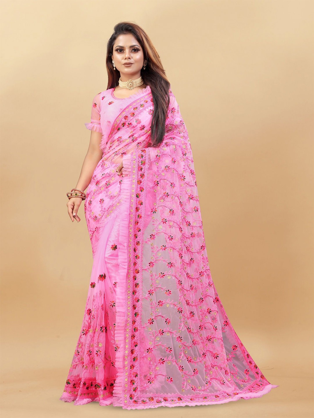 

Aika Women's Floral Embroidered Net Saree, Pink