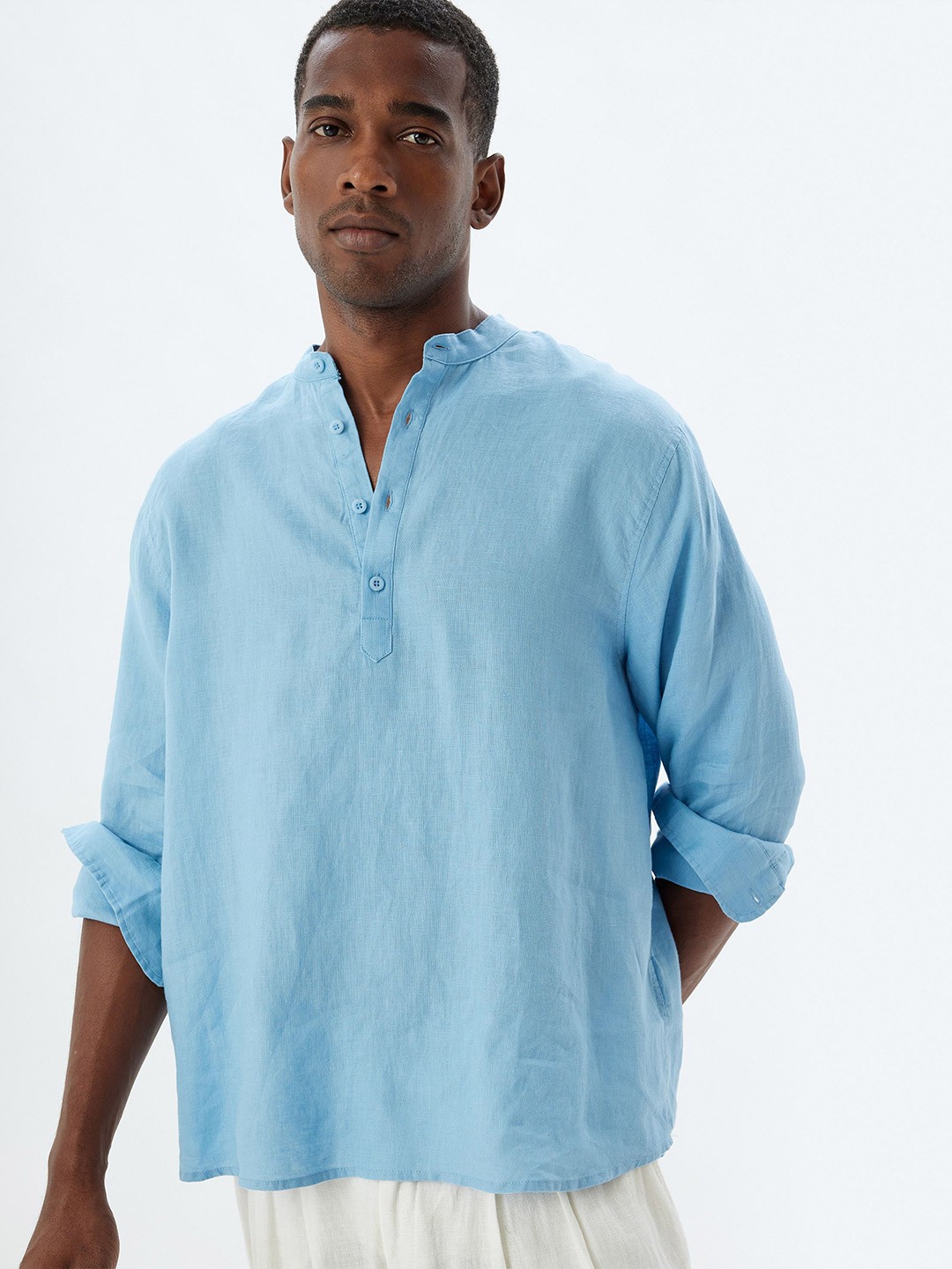 

Koton Men Band Collar Solid Linen Casual Shirt, Blue