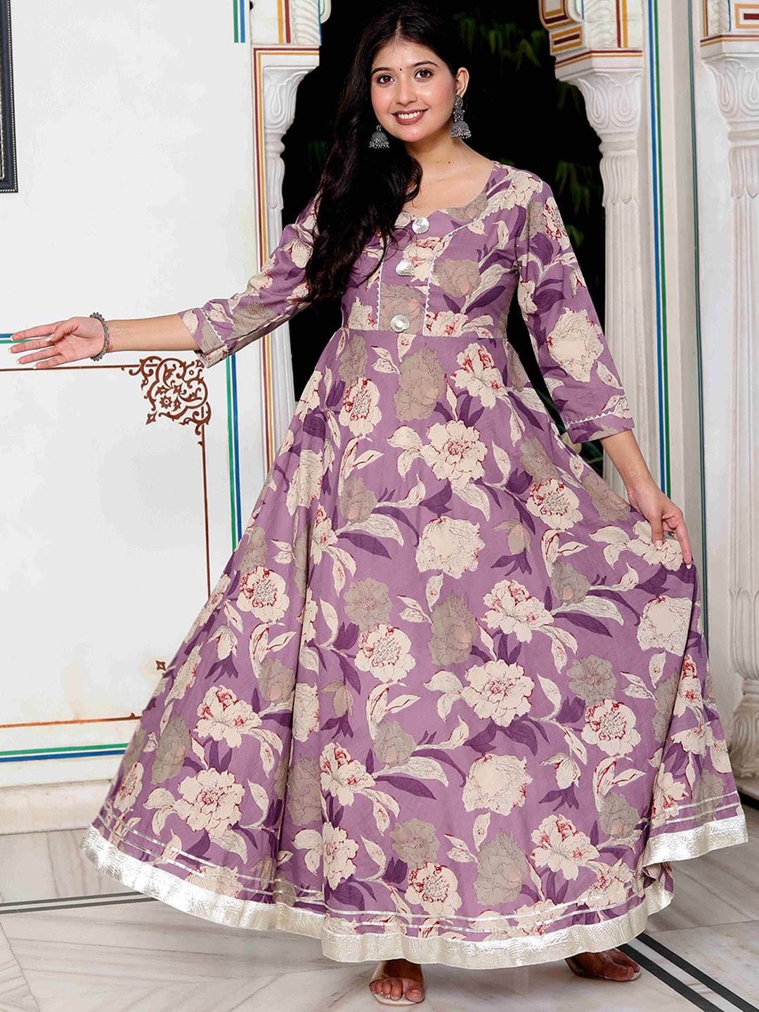 

MIRAVAN Floral Printed Gotta Patti Sweetheart Neck Cotton Anarkali Kurta, Purple