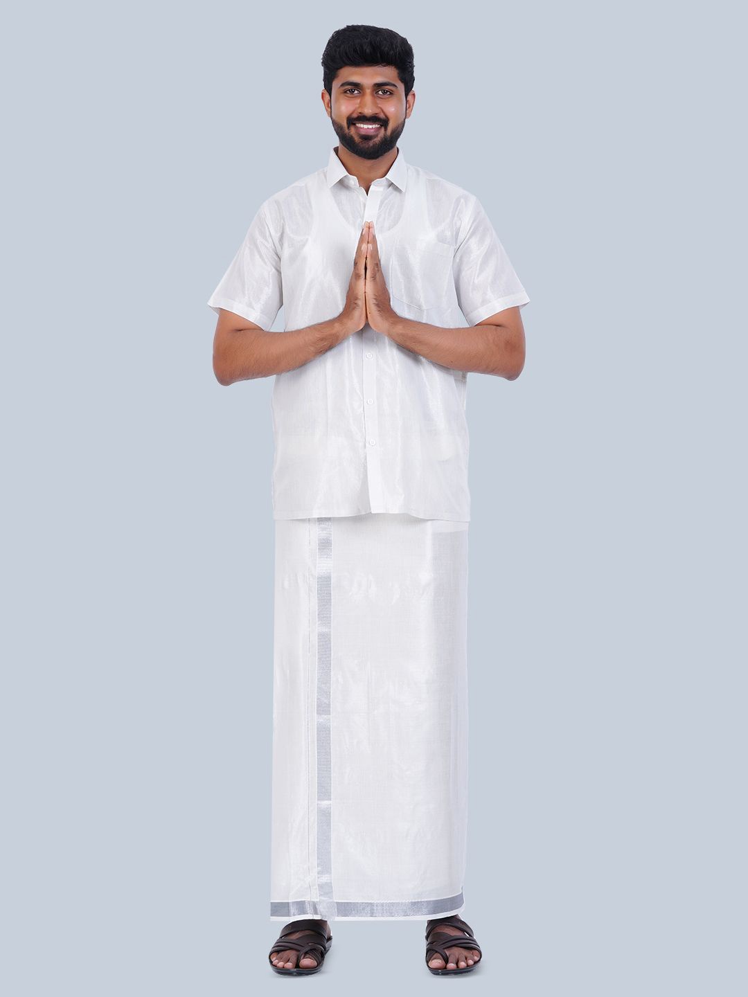 

THANGAMAGAN Tissue Cotton Shirt with Veshti, White
