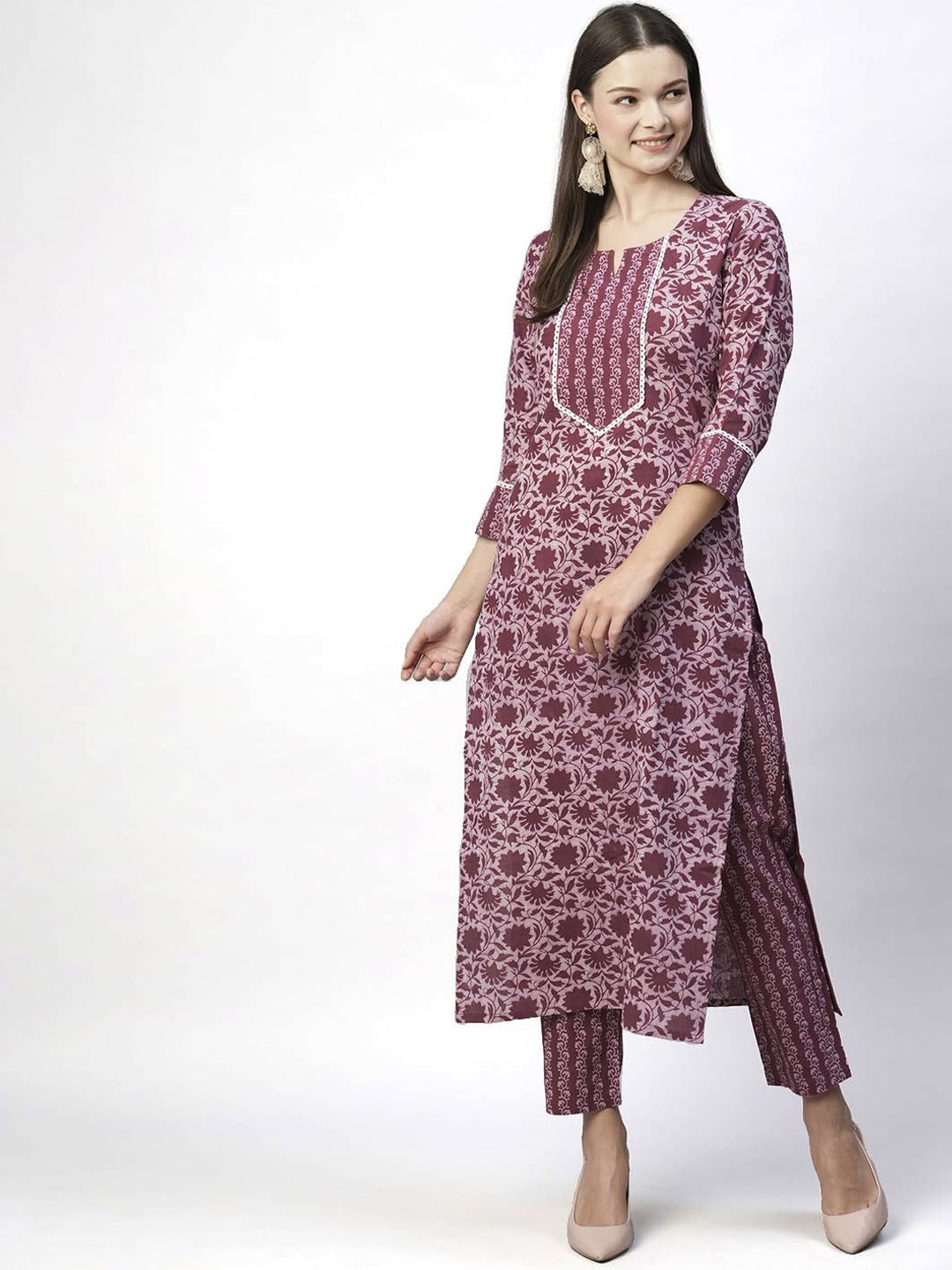 

KALINI Floral Printed Kurta with Trousers, Maroon