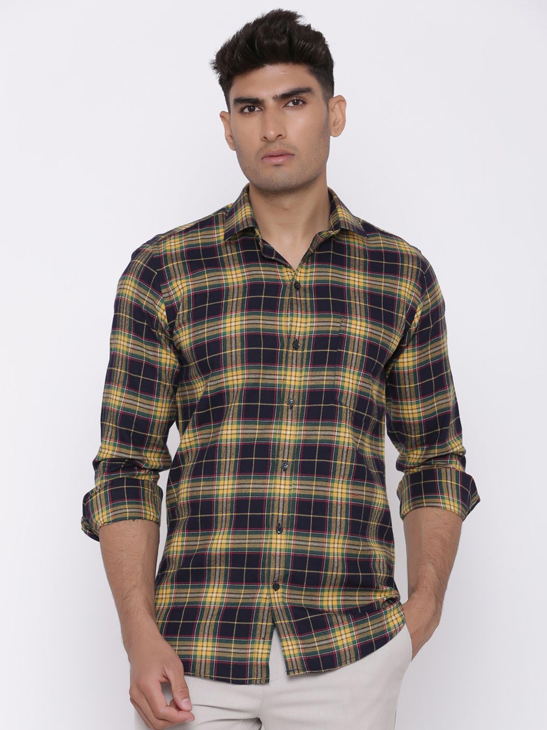 

Tistabene Men Standard Spread Collar Tartan Checked Cotton Casual Shirt, Yellow