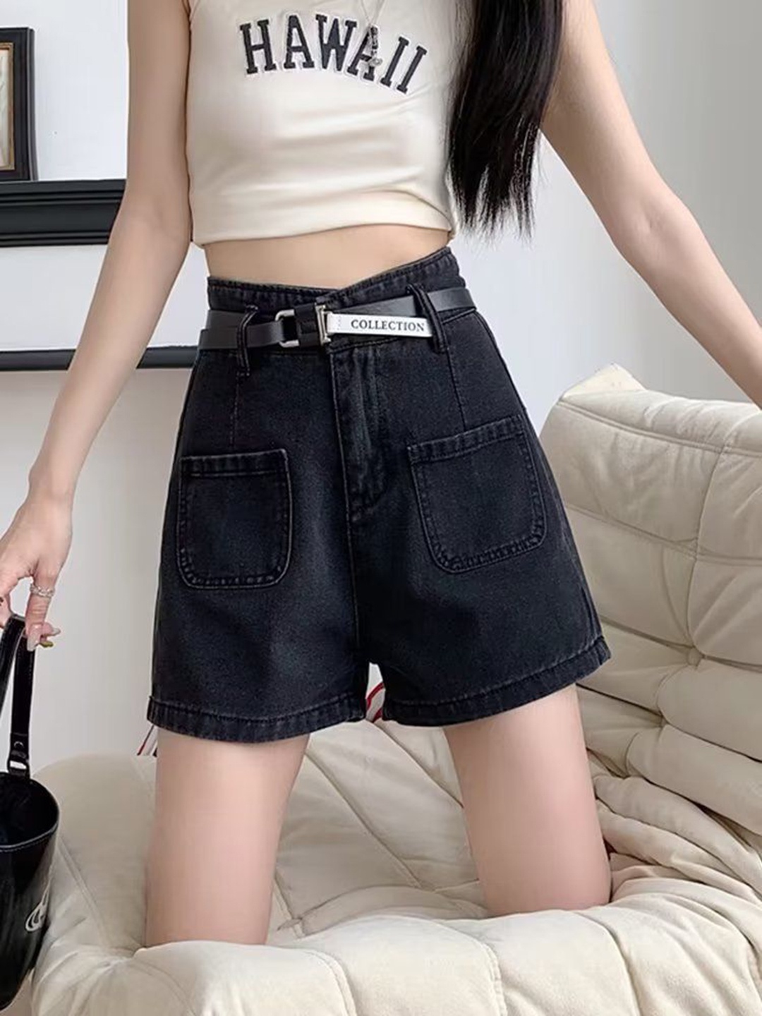 

StyleCast Women Solid Loose Fit High-Rise Denim Shorts, Black