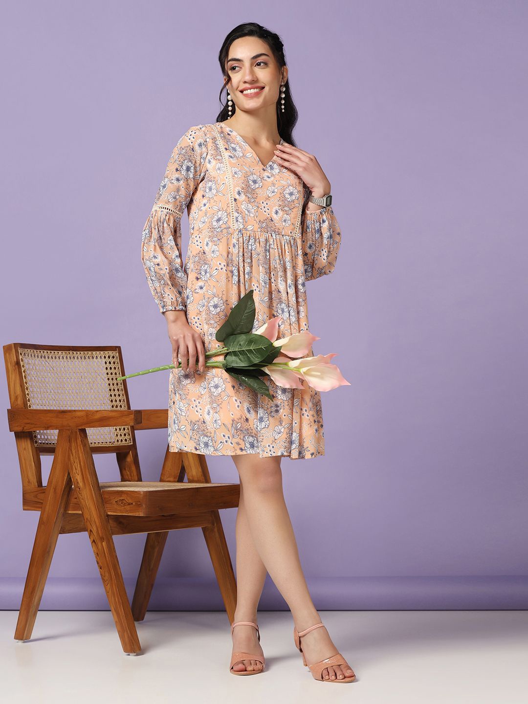 

BAESD Floral Print Bishop Sleeve Chiffon A-Line Dress, Peach