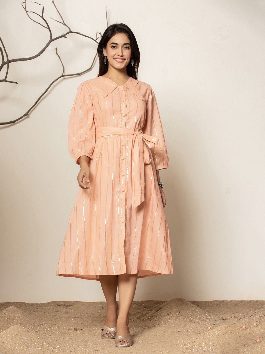 

Rouhab Women Ethnic Motifs Printed Puff Sleeve A-Line Dress, Peach