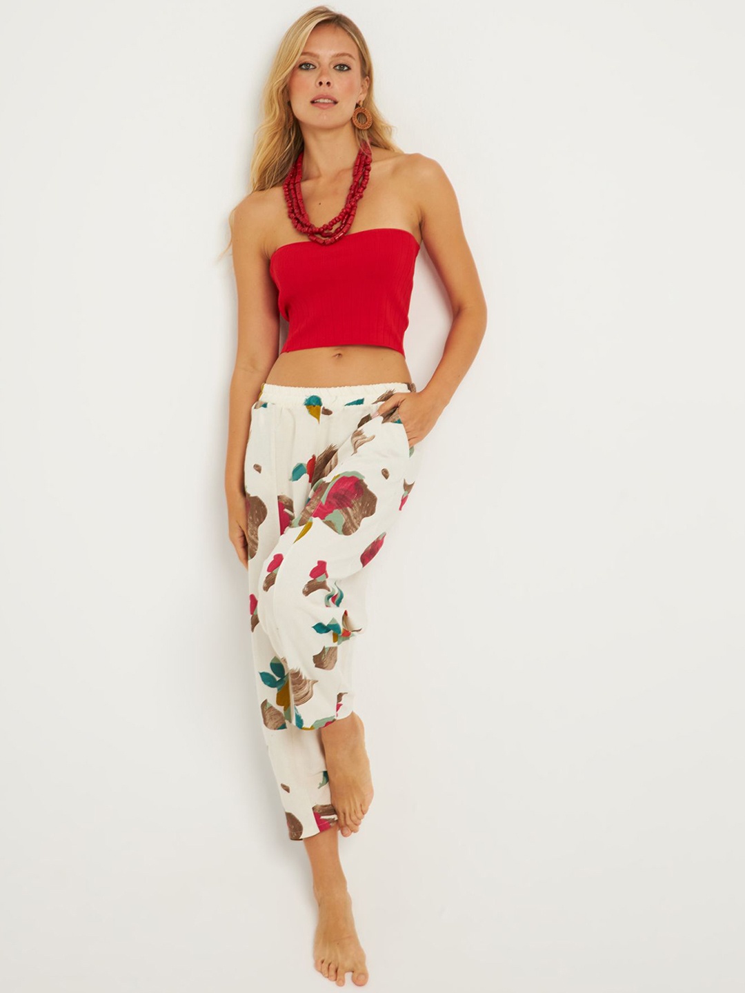 

Cool & Sexy Women Floral Printed Linen Trousers, White