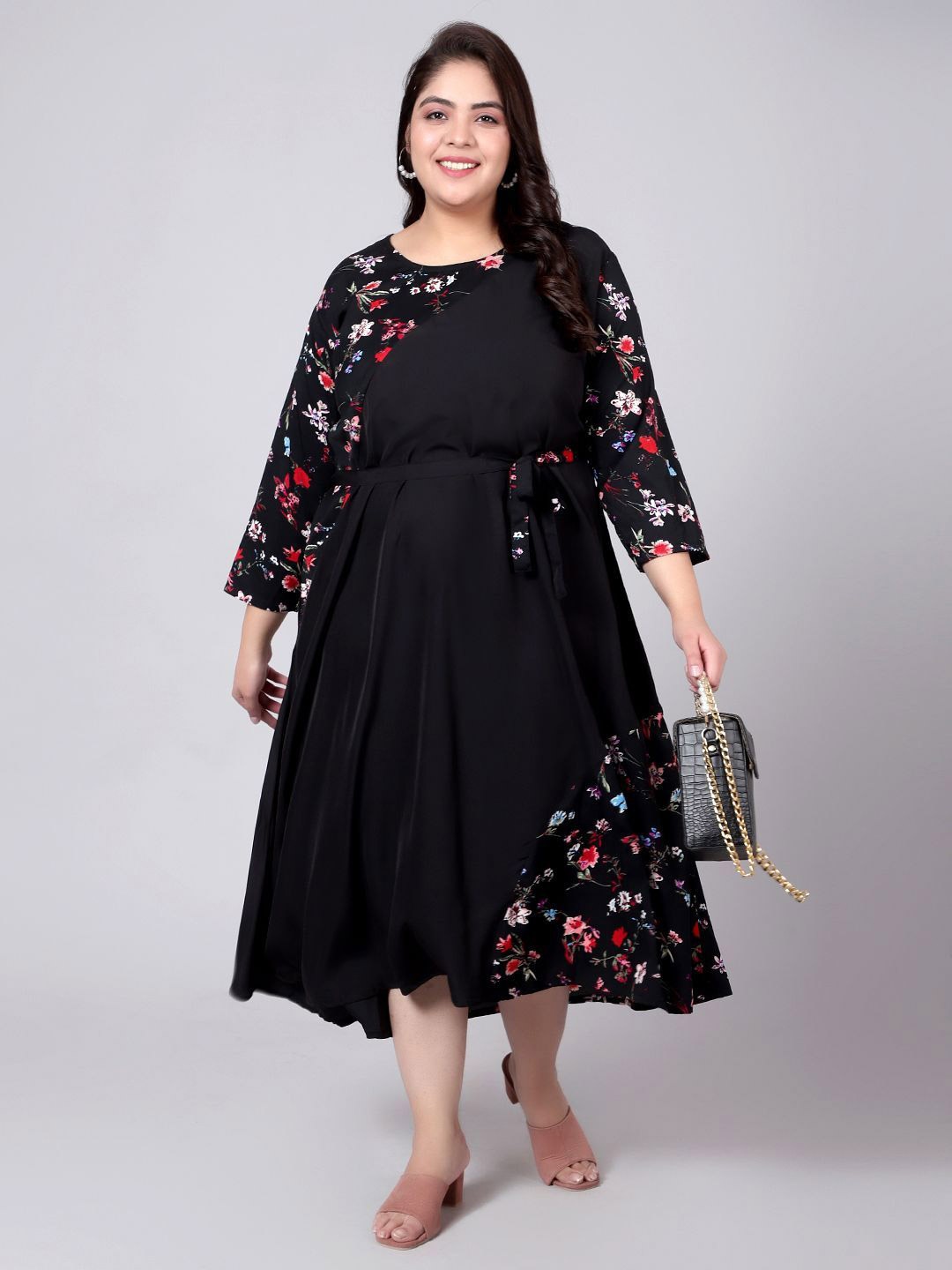 

Indietoga Floral Print Crepe Fit & Flare Maxi Dress, Black