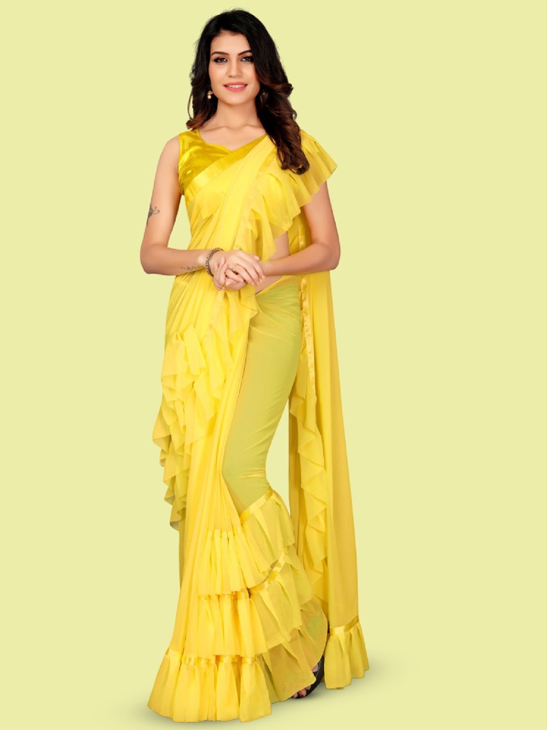 

Aika Pure Georgette Ruffle Saree, Yellow