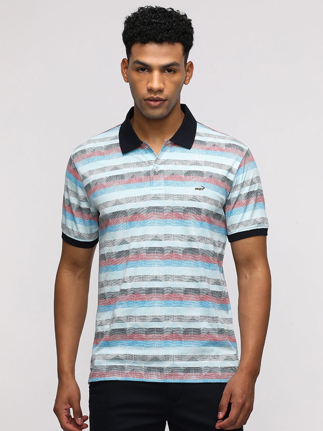 

Crocodile Men Striped Polo Collar Cotton Slim Fit T-Shirt, Blue