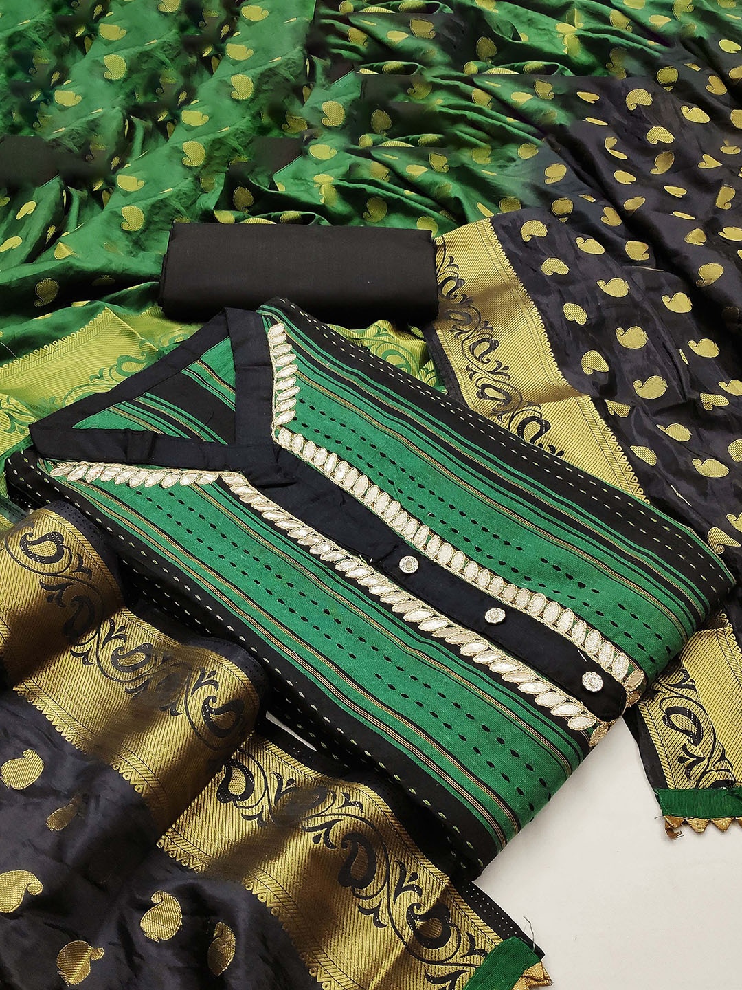 

Ishin Striped Beads and Stones Pure Cotton Unstitched Dress Material, Green