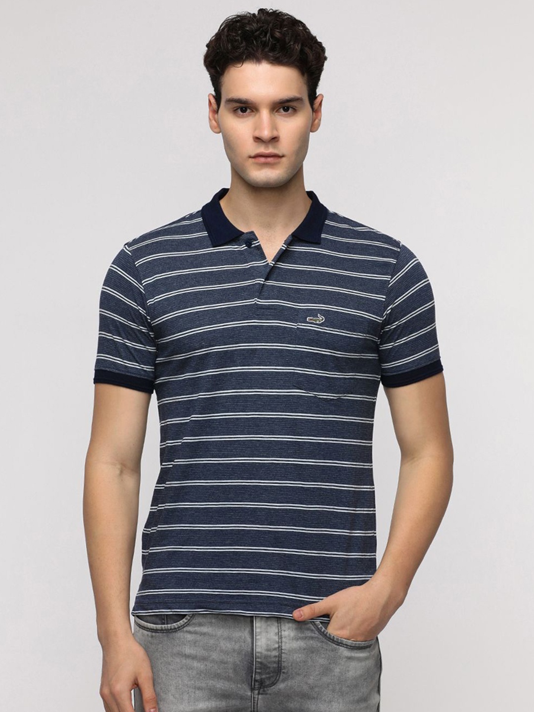 

Crocodile Men Striped Polo Collar Cotton Slim Fit T-Shirt, Navy blue