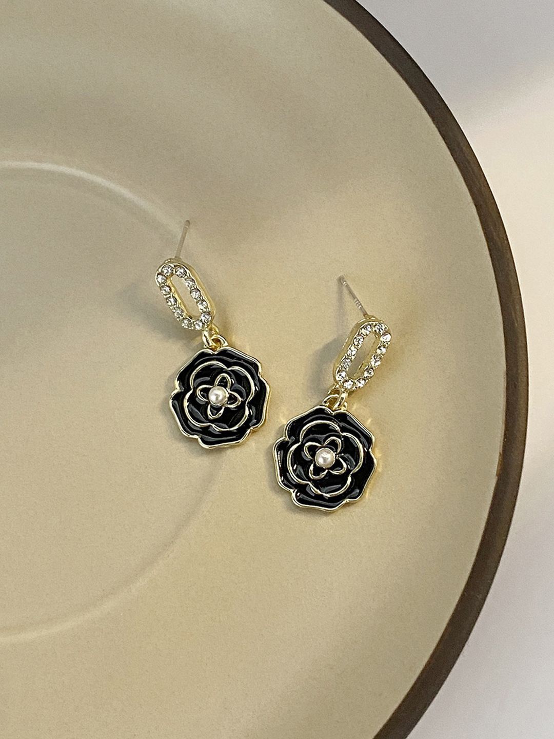 

FIMBUL Gold-Plated Artificial Stones Studded Floral Drop Earrings, Black