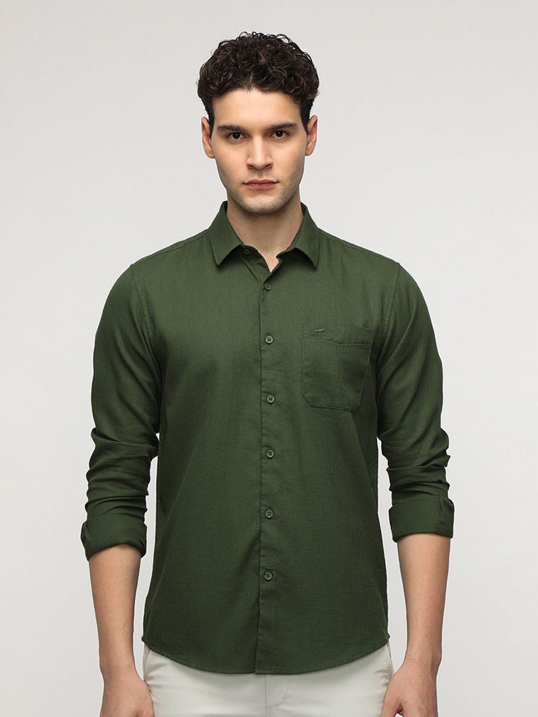 

Crocodile Comfort Waffle Textured Self Design Pure Cotton Casual Shirt, Olive