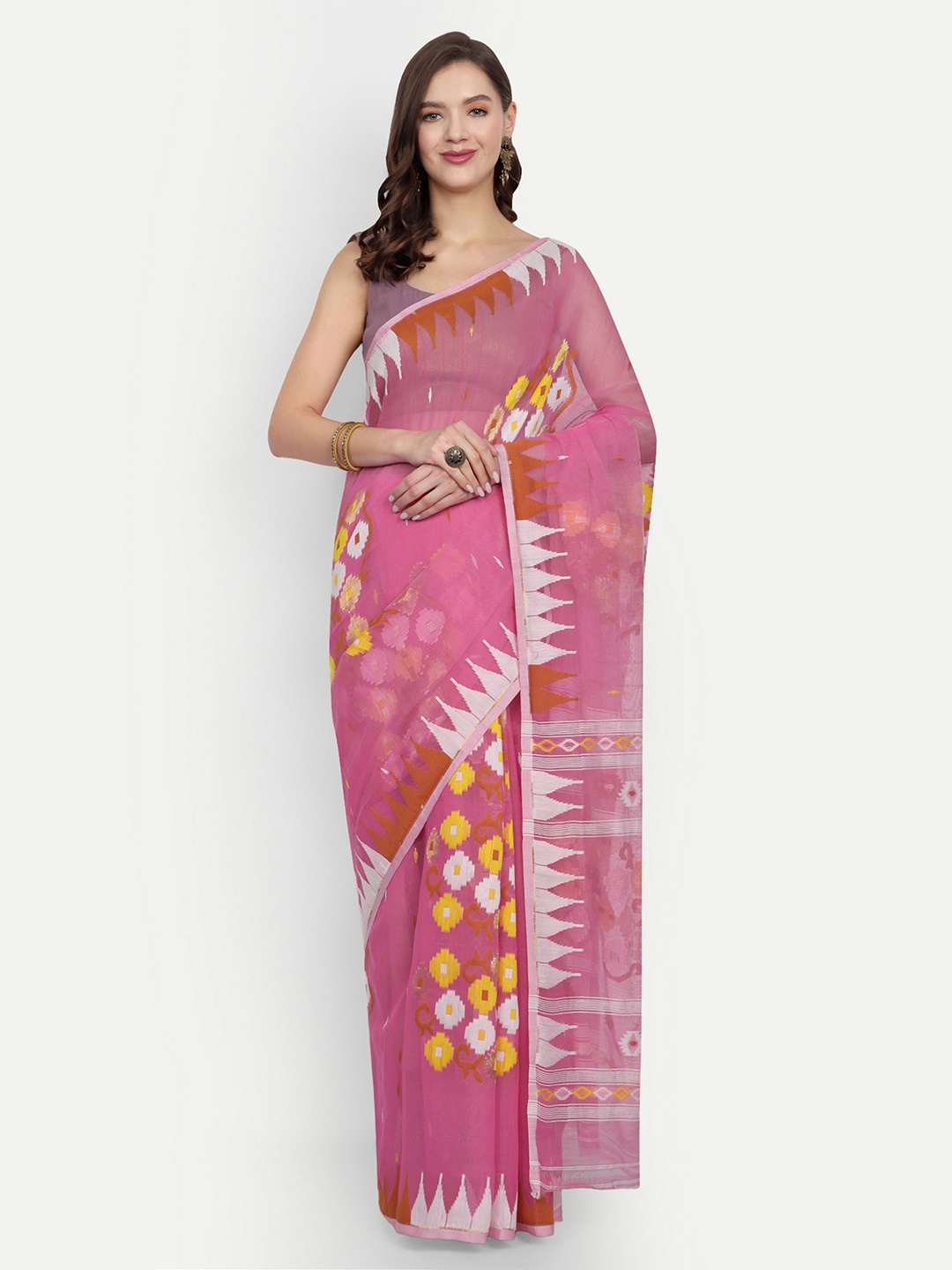 

BENGAL HANDLOOM Women Ethnic Motifs Taant Saree, Pink