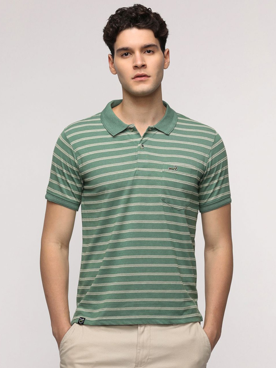 

Crocodile Men Striped Polo Collar Cotton Slim Fit T-shirt, Green