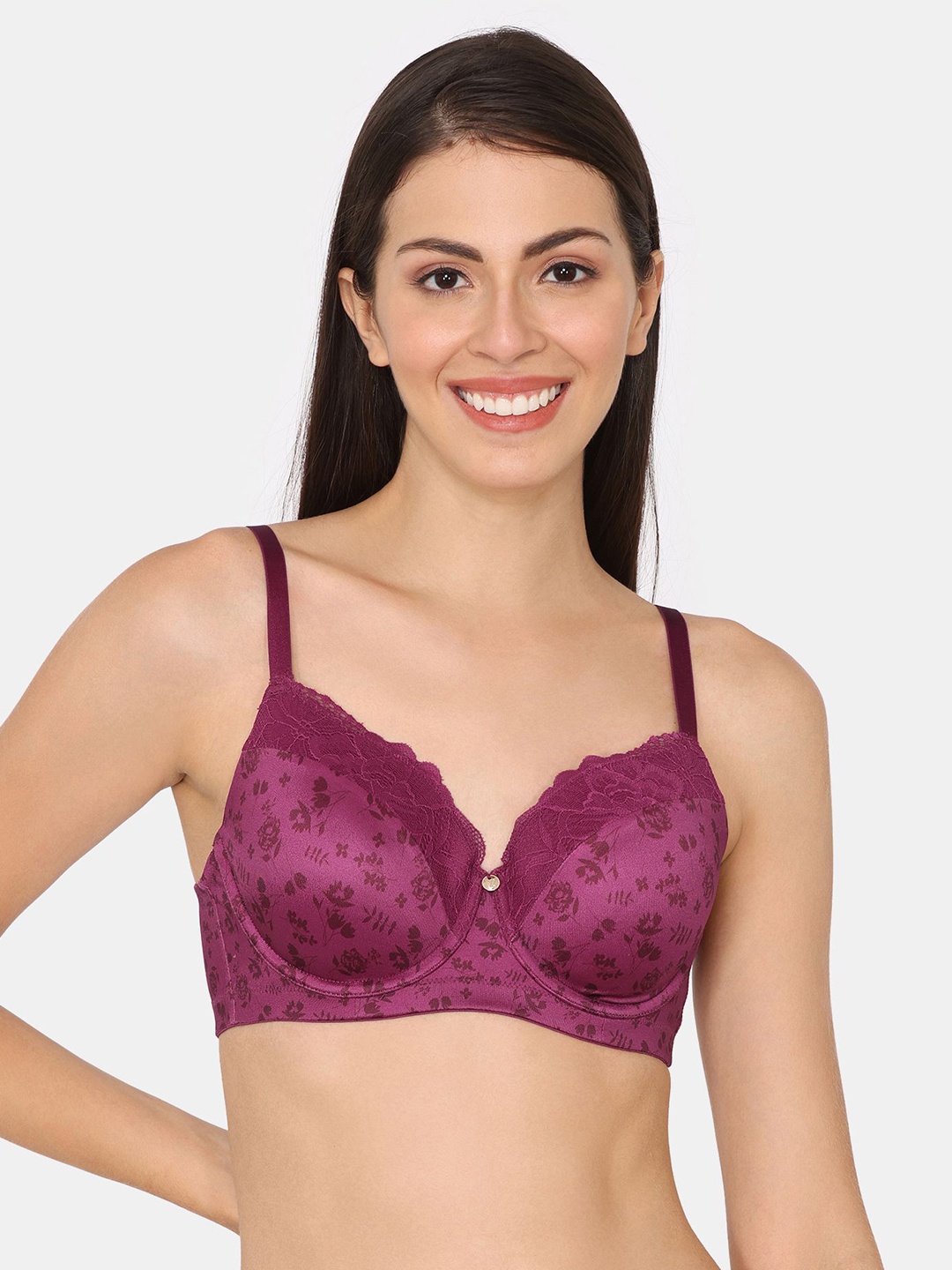 

Zivame Floral Bralette Full Coverage Underwired Lightly Padded Bra, Pink