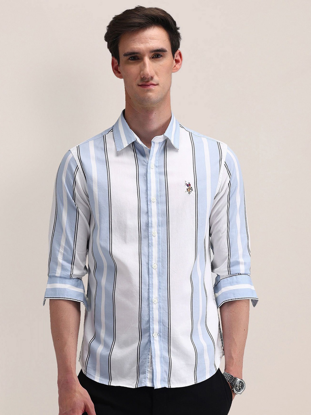 

U.S. Polo Assn. Men Modern Spread Collar Vertical Striped Cotton Slim Fit Casual Shirt, Blue