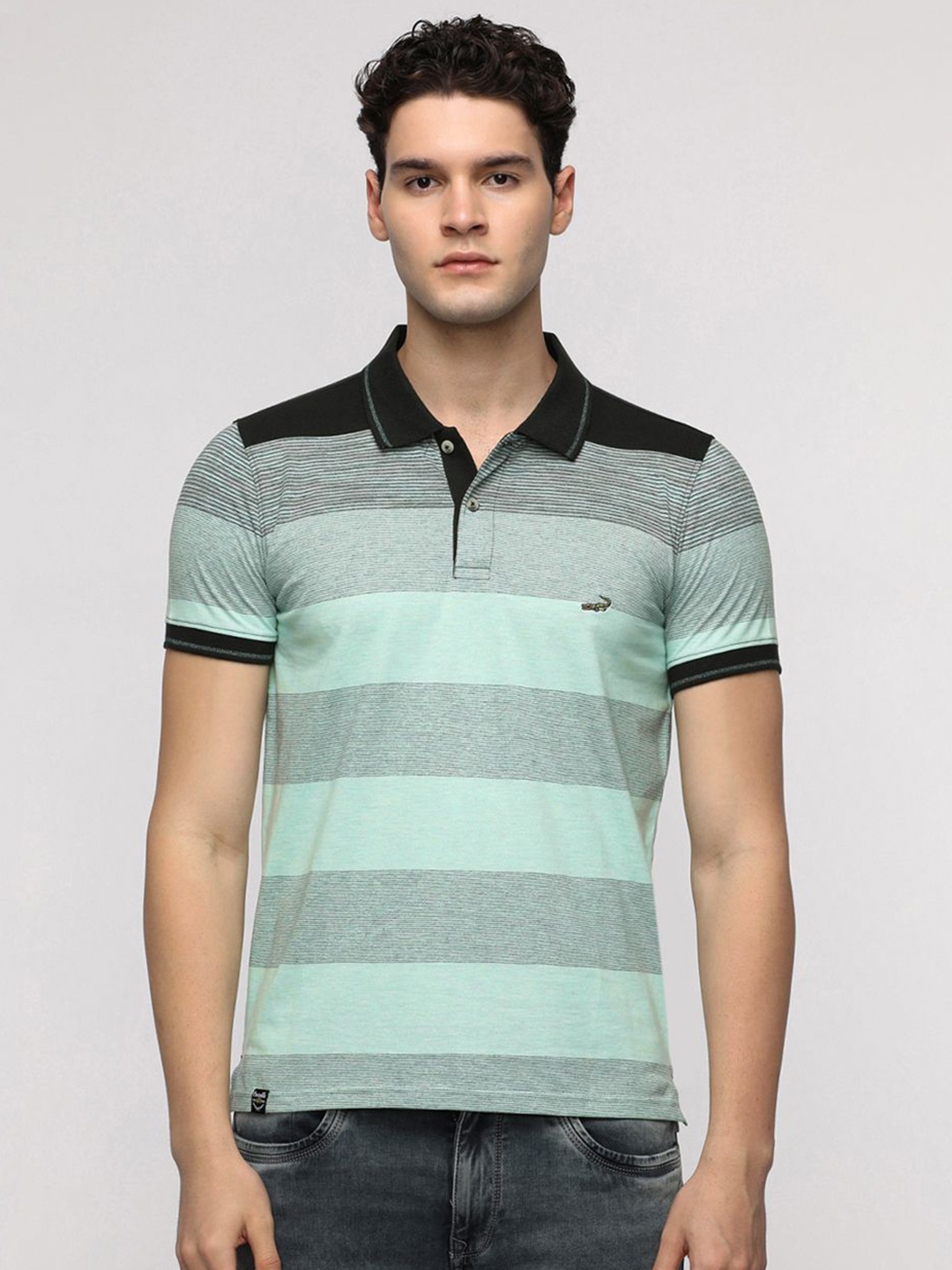 

Crocodile Men Striped Polo Collar Cotton Slim Fit T-Shirt, Green