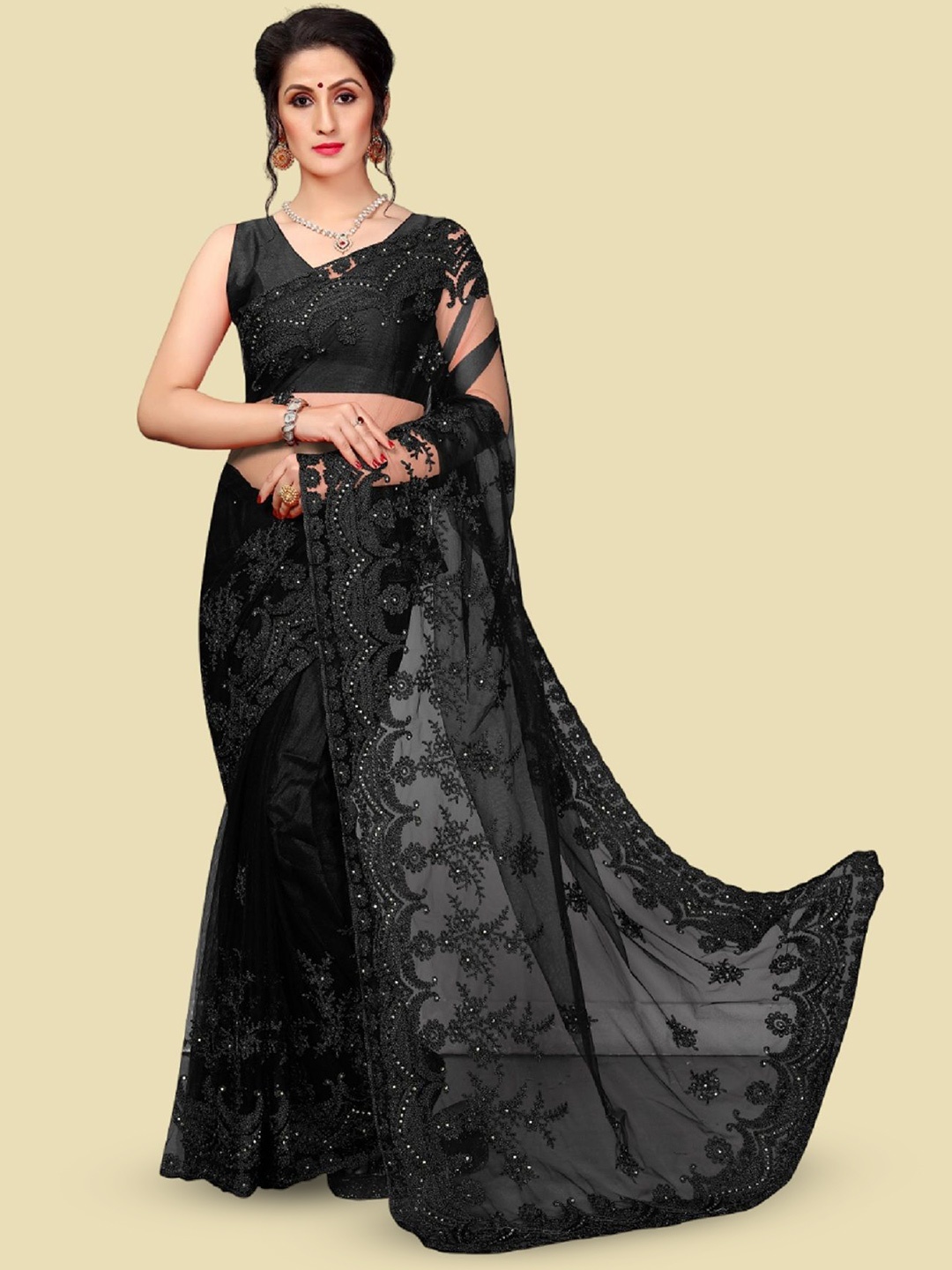 

Aika Embellished Embroidered Beads and Stones Saree with blouse piece, Black