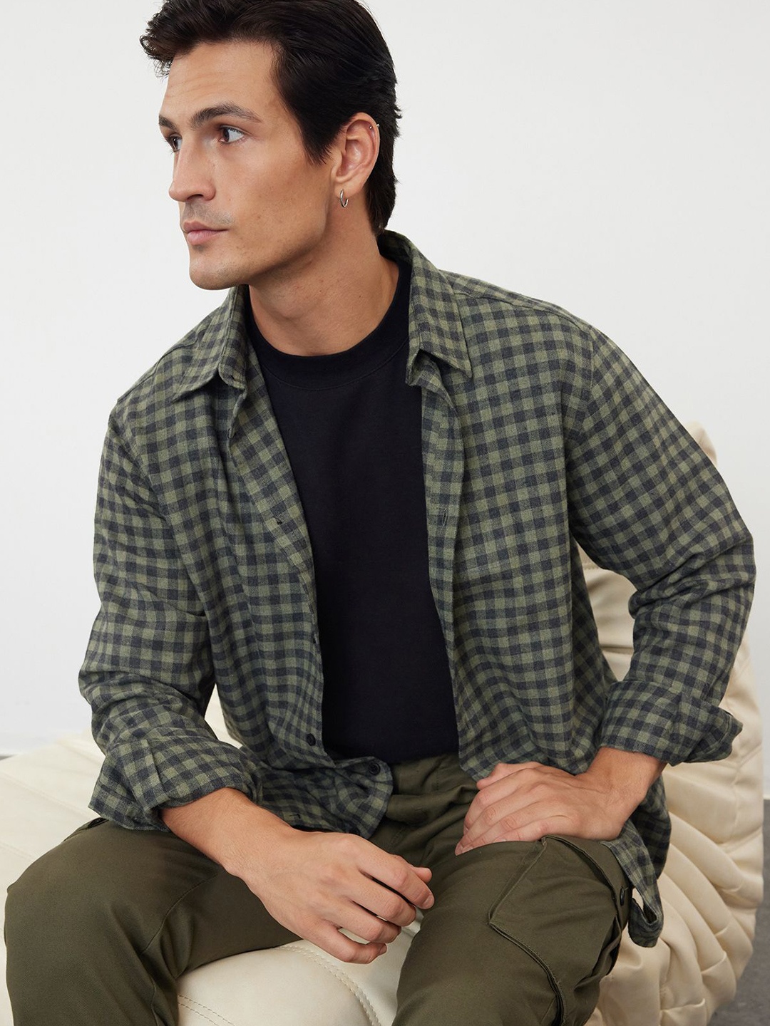 

Trendyol Men Spread Collar Tartan Checked Cotton Casual Shirt, Olive