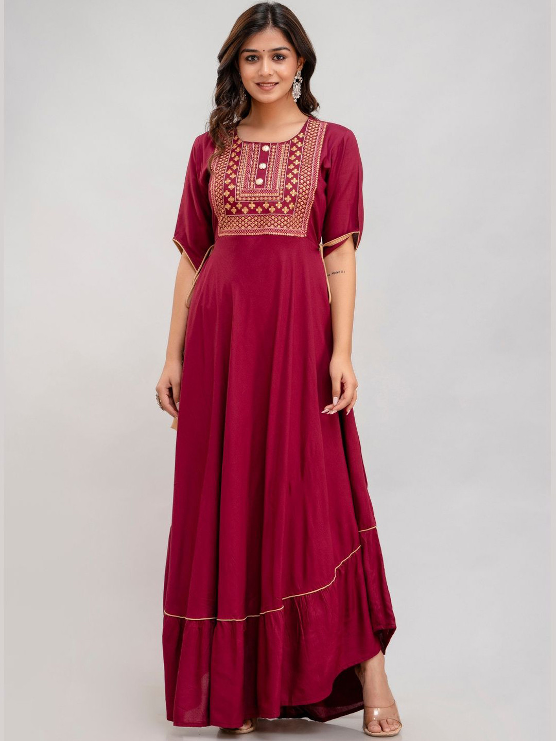 

Jaipurite Floral Embroidered Round Neck Maxi Ethnic Dress, Maroon