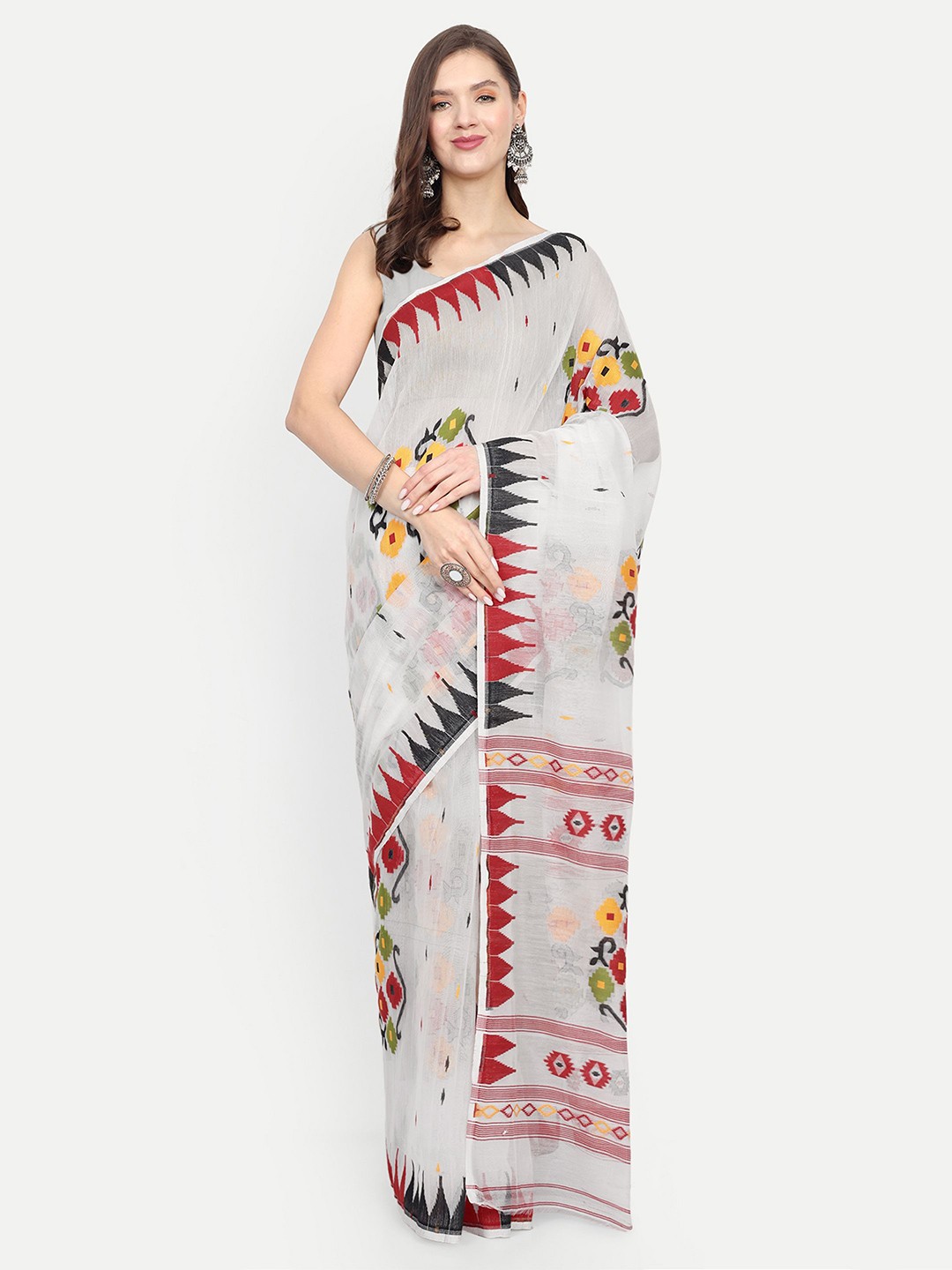 

BENGAL HANDLOOM Women Ethnic Motifs Taant Saree, White