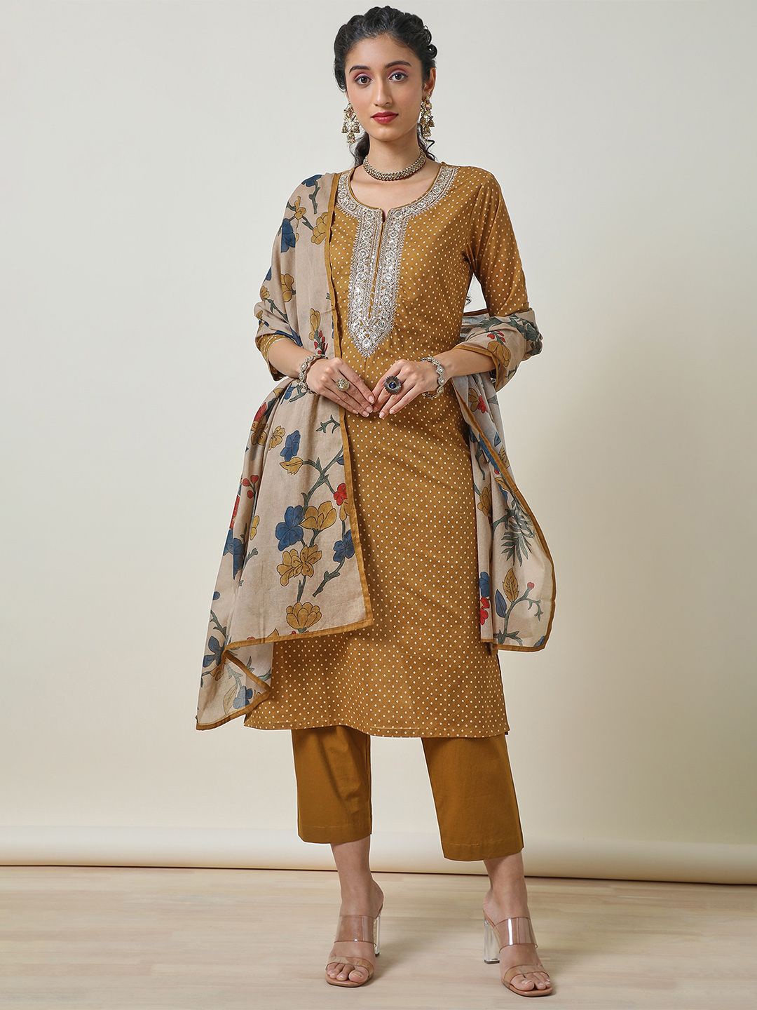 

Soch Bandhani Printed Regular Zari Pure Cotton Straight Kurta with Trousers & With Dupatta, Mustard