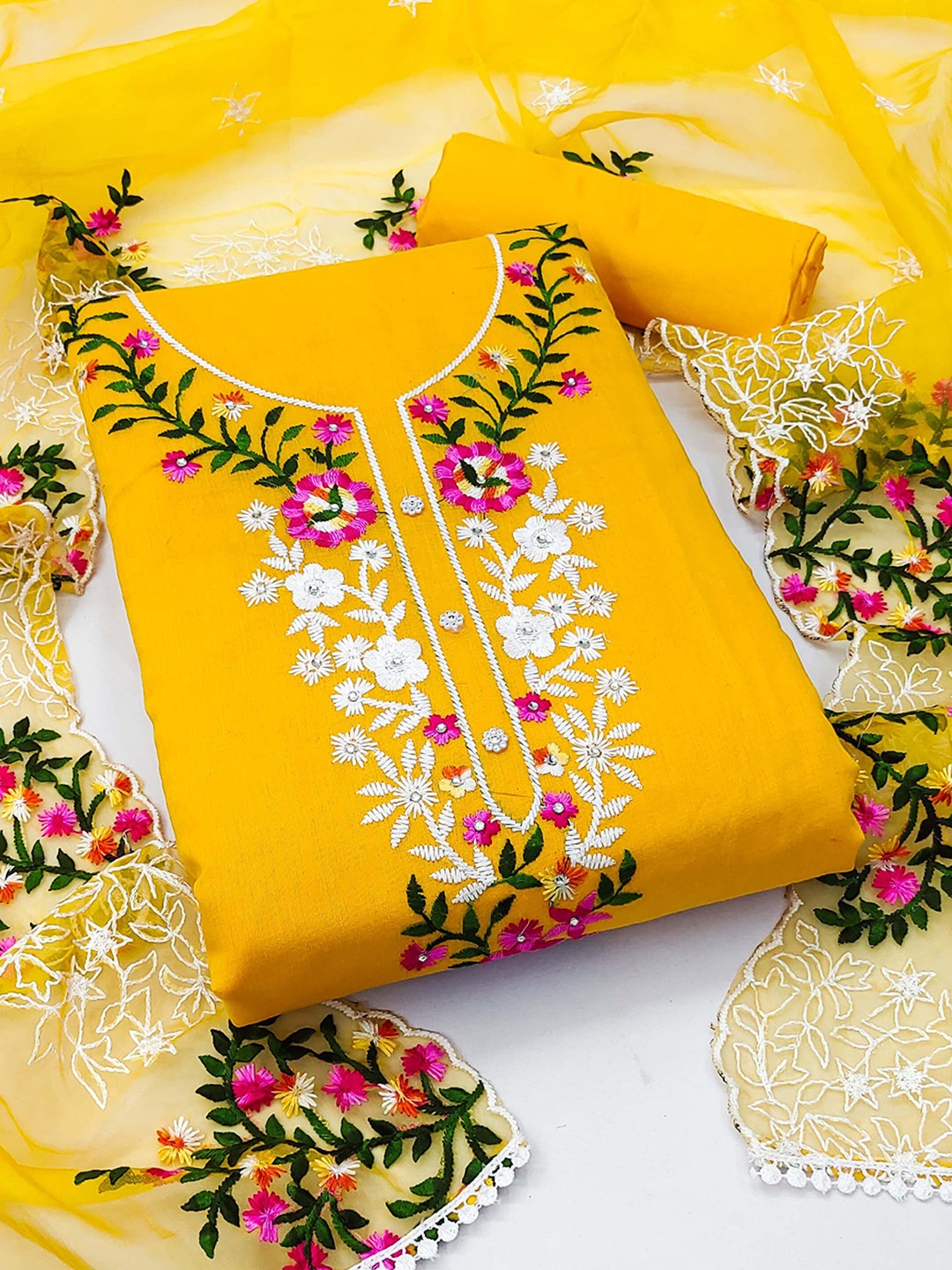 

KIMISHA Floral Embroidered Beads and Stones Unstitched Dress Material, Yellow